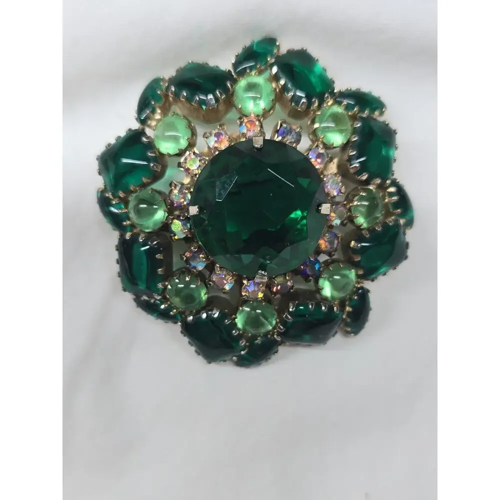 Vintage Green & AB Rhinestone Brooch Gold-tone